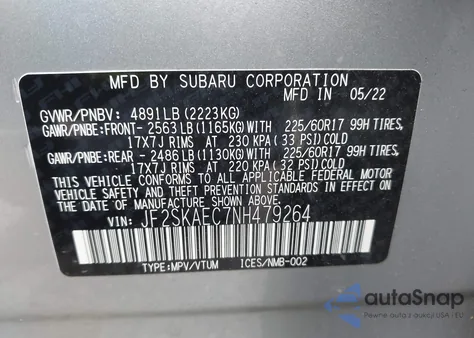 2022 Subaru Forester Premium из США, поврежденный, VIN JF2SKAEC7NH479264